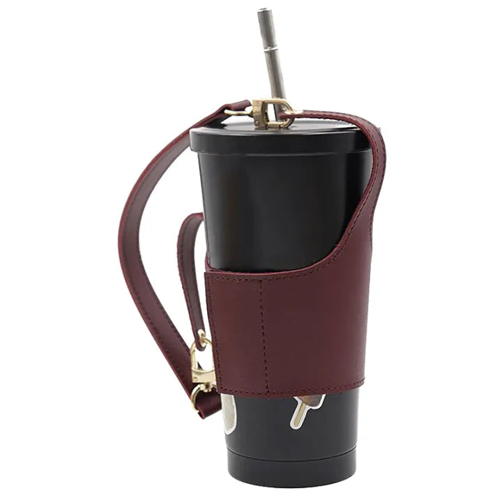 Burgundy leather-look tumbler sleeve with shoulder strap and gold-tone hardware